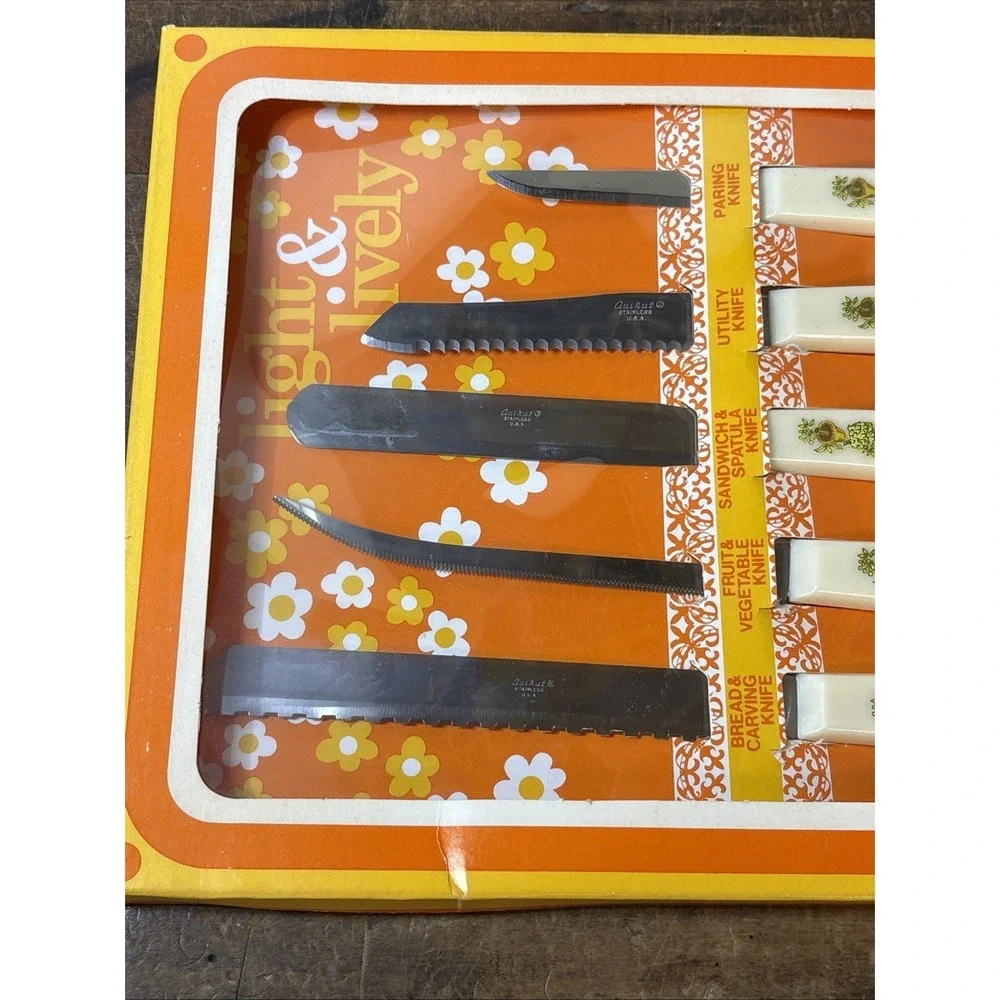Set 5 Vtg Nos Quikut Mushroom Handle Knives Stainless Steel USA Original Box 70s